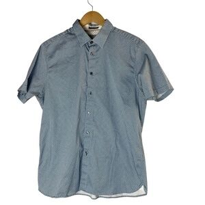 TED BAKER LONDON Men’s Blue Geometric Print Short Sleeve Casual Shirt Size 5 ***